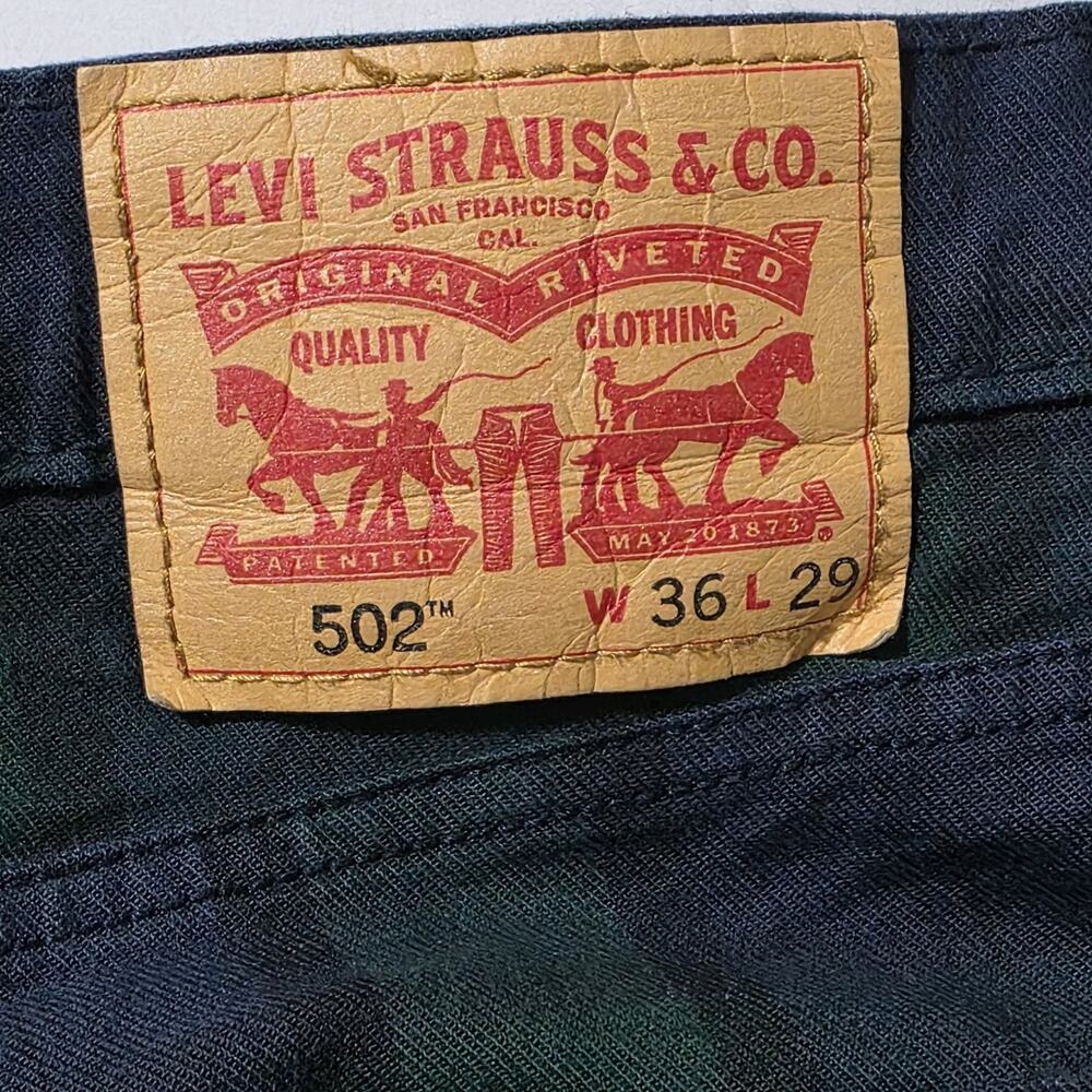 Levi's 502 Mens 36x29 Black Watch Plaid Green Blue Taper Pants Rare Blank R Tab - Picture 6 of 15